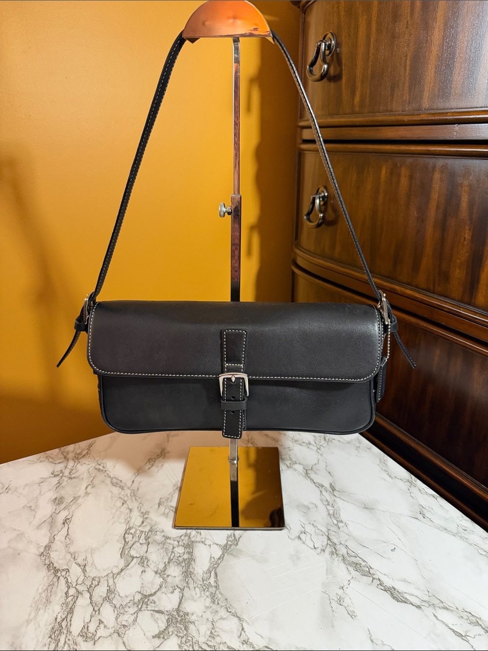 Coach Black Leather Shoulder Bag with Silver Buckle